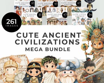Cute Ancient Civilizations Clipart Mega Bundle, Instant Download, Greece, Rome, Egypt, China, Viking, Mayans, Aztecs, Digital History Images