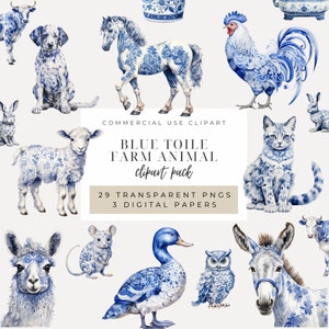 Toile française bleu De Jouy Clipart téléchargement immédiat graphiques de ferme vintage et images de chiens, chats, cochons, vaches, chèvres, chevaux, souris, canards