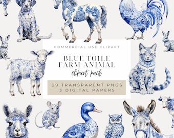 French Toile Blue De Jouy Clipart INSTANT DOWNLOAD Vintage Farm Graphics & Images of Dogs, Cats, Pigs, Cows, Goats, Horses, Mice, Ducks