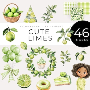 Könnte beinhalten: Ein Set mit 46 Aquarell-Illustrationen mit Limetten, Limettenscheiben, Limettenblättern und Limetten-Themen-Lebensmitteln wie Cupcakes, Donuts und Kuchen. Die Illustrationen sind perfekt für die Erstellung digitaler oder gedruckter Designs.