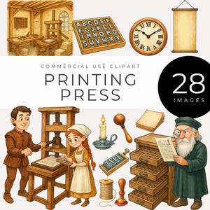 May include: A collection of watercolour illustrations depicting printing press tools and people. Includes a printing press, type case, clock, scroll, and a man and woman working with the press. The text "PRINTING PRESS" is displayed.