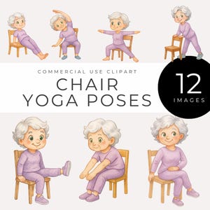 May include: Watercolor illustrations of an elderly person performing chair yoga poses. The person is wearing a light purple outfit and sitting on a wooden chair. The text "Chair Yoga Poses" is displayed, along with "12 Images".