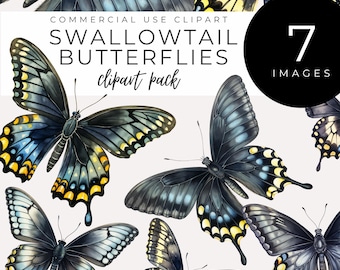 May include: Seven watercolor illustrations of swallowtail butterflies with black wings, yellow and blue accents, and a white background. The text "COMMERCIAL USE CLIPART SWALLOWTAIL BUTTERFLIES clipart pack" is at the top of the image. The text "7 IMAGES" is in a black circle at the top right of the image.