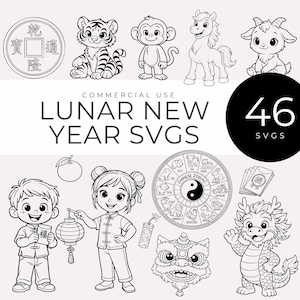 Può includere: File SVG in bianco e nero del Capodanno lunare con animali dello zodiaco, bambini in abiti tradizionali, un drago e una moneta cinese. L'immagine include il testo "Lunar New Year SVGs" e "46 SVGs".