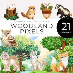 Woodland pixel clipart, instant download, schattige pixel bosdieren, paddenstoel, bomen en boomstammen, retro gamestijl png's voor digitale games, ambachten