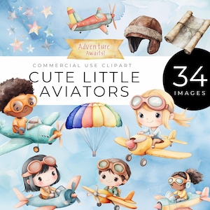 Little Aviator Clipart, sofortiger Download, Aquarell Flugzeug, Pilot Kinder, Adventure Elements, Wolken & Karten für Scrapbooks, Basteln, lädt ein