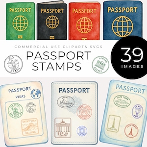 Puede incluir: Una colección de imágenes prediseñadas y sellos con temática de pasaporte. La imagen presenta portadas de pasaportes en verde, negro, rojo y azul, cada una con un diseño de globo. También se incluyen sellos de pasaporte de varias ciudades.