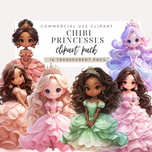 かわいいプリンセスのクリップアート。子供向けのカラフルなドレスを着た多様なプリンセス、おとぎ話の装飾、誕生日パーティーの招待状などを即時ダウンロードできます。