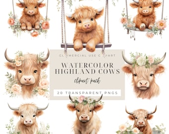 Watercolor Baby Highland Cows INSTANT DIGITAL DOWNLOAD Farm Animals Clipart, Nursery Decor, Cow Graphics, Commercial Use, High Quality PNGs