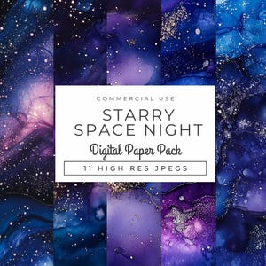 Papéis digitais Starry Space Night, download instantâneo, fundos de galáxias cósmicas, texturas celestiais roxas e azuis, scrapbooking e artesanato