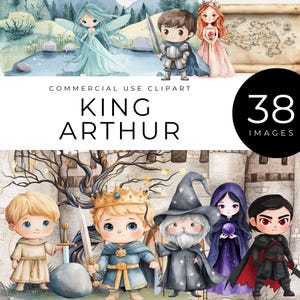 Clipart del Rey Arturo en acuarela, descarga instantánea, caballeros de fantasía, magos, espada en piedra, mesa redonda, castillos, dragones, imágenes PNG medievales.