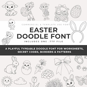 Peut inclure: Police de caractères de Pâques en noir et blanc avec des illustrations de moutons, d'enfants avec des œufs de Pâques, de lapins, de poussins et de paniers de Pâques. La police comprend un fichier .TTF.