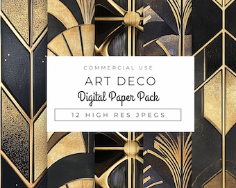 May include: A digital paper pack with 12 high-resolution JPEGs featuring geometric patterns in black and gold. The text "COMMERCIAL USE ART DECO Digital Paper Pack 12 HIGH RES JPEGs" is displayed on a white rectangle.