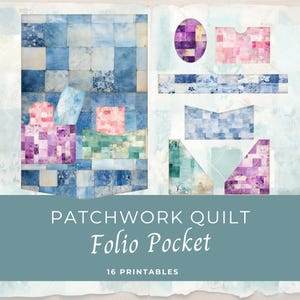 Op de afbeelding: Een set van 16 printbare patchwork quilt folio pocket ontwerpen. De ontwerpen bevatten een verscheidenheid aan kleuren en patronen, waaronder blauw, roze, paars en groen. De tekst "PATCHWORK QUILT Folio Pocket 16 PRINTABLES" wordt onderaan de afbeelding weergegeven.