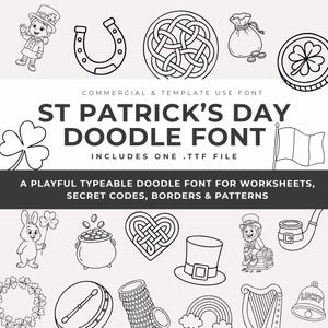 Pode incluir: Um gráfico digital com ícones de arte linear em preto e branco relacionados ao Dia de São Patrício, incluindo um duende, ferradura, trevo, moedas e harpa. O texto diz ST PATRICK'S DAY DOODLE FONT, COMMERCIAL & TEMPLATE USE FONT, INCLUDES ONE .TTF FILE.