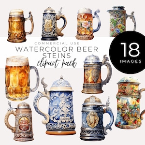 Pack de imágenes prediseñadas de jarras de cerveza de acuarela (descarga instantánea): jarras de cerveza vintage y Oktoberfest; decoración de bares, eventos de cerveza artesanal, diseños con temática bávara