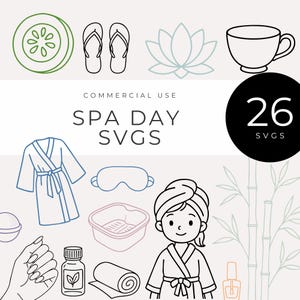 Spa-dag SVG:er, direktnedladdning, självvårdslinjeteckningar Clipart för hantverk, badbomb, lotus, ljus, morgonrock, naglar, te, avslappningsvibbar monoline