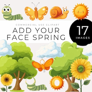 Ajoutez votre propre visage clipart printanier, téléchargement immédiat, papillon, tournesol, chenille, escargot et soleil cadres photo, arbre, graphiques de fleurs sauvages