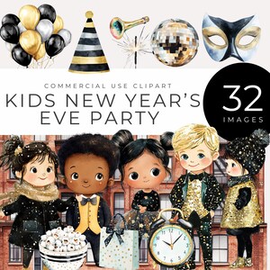 Clipart de festa de véspera de ano novo para crianças em aquarela, balões festivos, relógio de contagem regressiva, confete, bola de discoteca, gráficos de feriado para crianças, decoração