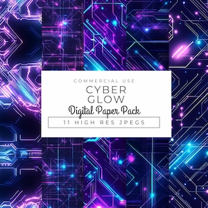 Cyber Glow Digital Papers, Instant Download, Futuristic Neon Circuit Patterns, Sci-Fi Cyberpunk Backgrounds, Tech Digital Textures for Craft