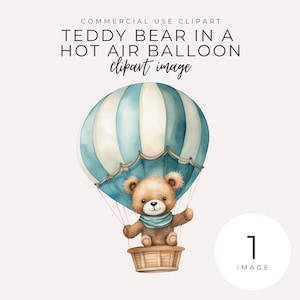 Teddy Bear in Blue Hot Air Balloon Clipart INSTANT DOWNLOAD Cute Bear Illustration for Nursery, Kids&#39; Room, and Baby Shower Decor