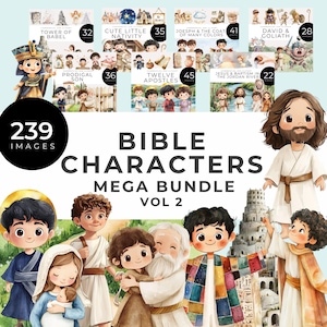 Bibel Charakter Clipart Bundle, Sofort Download, Turmbau zu Babel, Josef, der verlorene Sohn, Krippe, 12 Apostel, David, Goliath, Jesus Taufe