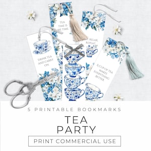 Segnalibri per gli amanti del tè, download immediato, segnaposto Chinoiserie blu, tazza da tè acquerello, fiori Cottagecore, segnalibri di pagina vintage per il Tea Party