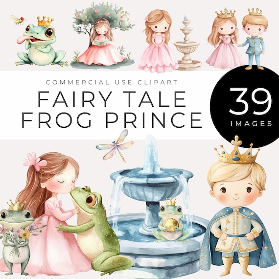 Watercolor Frog Prince Clipart, Instant Download, Fairy Tale, Princess, Enchanted Castle, Pond, Crowned Frog, Romantic Children's Storybook