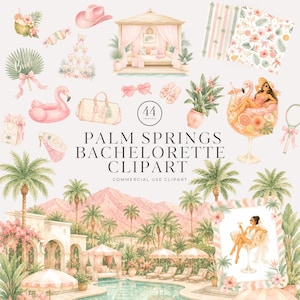 Pode incluir: Uma coleção digital de ilustrações em aquarela com tema de despedida de solteira em Palm Springs, incluindo uma boia de flamingo rosa, uma cabana, palmeiras, uma piscina, uma mala de viagem, óculos de sol e uma pessoa num copo de cocktail.