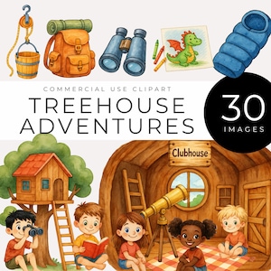 Baumhaus Abenteuer Clipart, sofortiger Download, niedliche Kinder, Baumhäuser, Camping, Taschenlampe, Fernglas, Wald Clubhaus, Naturforscher PNG