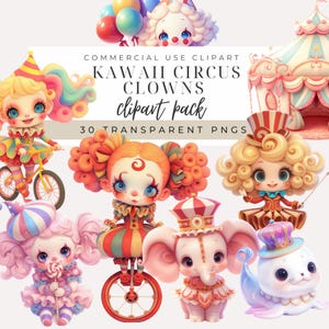 Cute Cartoon Clowns Clipart INSTANT DOWNLOAD Kawaii Chibi Colorful Clowns & Carnival Fun Graphics, Perfect for Party Invites, Themed Designs