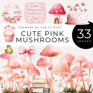 Clipart champignon rose mignon, téléchargement immédiat, champignons vénéneux fantaisistes, souris, grenouilles, dictons des bois svg & png, art de la fête forêt Cottagecore