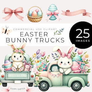 May include: A set of 25 digital clipart images featuring Easter bunny trucks decorated with pastel colors, flowers, and Easter eggs. The trucks are perfect for creating invitations, cards, and other crafts.