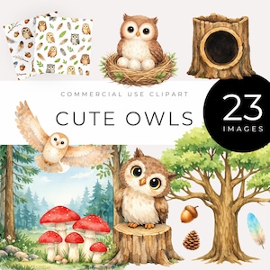Op de afbeelding: Waterverfillustraties van schattige uilen in verschillende poses, waaronder een in een nest met eieren en een in de vlucht. De afbeelding bevat ook paddenstoelen, bomen en de tekst "CUTE OWLS" en "23 IMAGES".