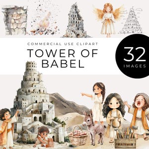 Imágenes prediseñadas de la Torre de Babel, descarga instantánea, arte del Antiguo Testamento, historia bíblica del Génesis, acuarela cristiana, imágenes de la escuela dominical y la iglesia infantil.