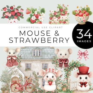 Mouse and Strawberry clipart, Instant Download, Cottagecore Field Animals, Summer Garden PNG, Cute Farmhouse Graphics, Cottage, Bike, Gate