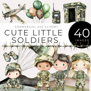 Clipart de un pequeño soldado con acuarela. DESCARGA INSTANTÁNEA. Personajes patriotas del ejército, equipo, helicópteros y tanques para decoración de guarderías e invitaciones a fiestas.