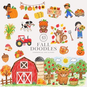 May include: A collection of colorful crayon-style illustrations featuring fall themes including a red barn, a highland cow, pumpkins, a tractor, a squirrel, children, and autumn leaves. The text reads 43 IMAGES FALL DOODLES COMMERCIAL USE CLIPART.