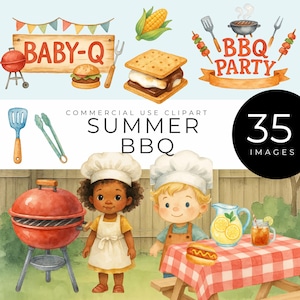 Clipart de churrasco de verão, download instantâneo, Baby-Q, festa no quintal, utensílios para grelhar, chefs infantis, hambúrgueres, cachorros-quentes, s'mores, PNGs de piquenique, placas divertidas