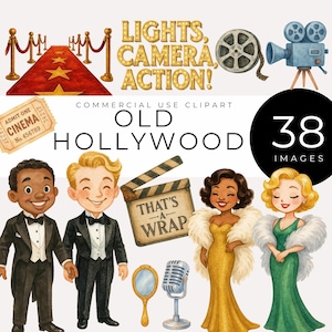 Clipart della vecchia Hollywood, download immediato, star del cinema glamour, oggetti di scena per il red carpet, insegne cinematografiche retrò e decorazioni per serate cinematografiche per inviti a feste