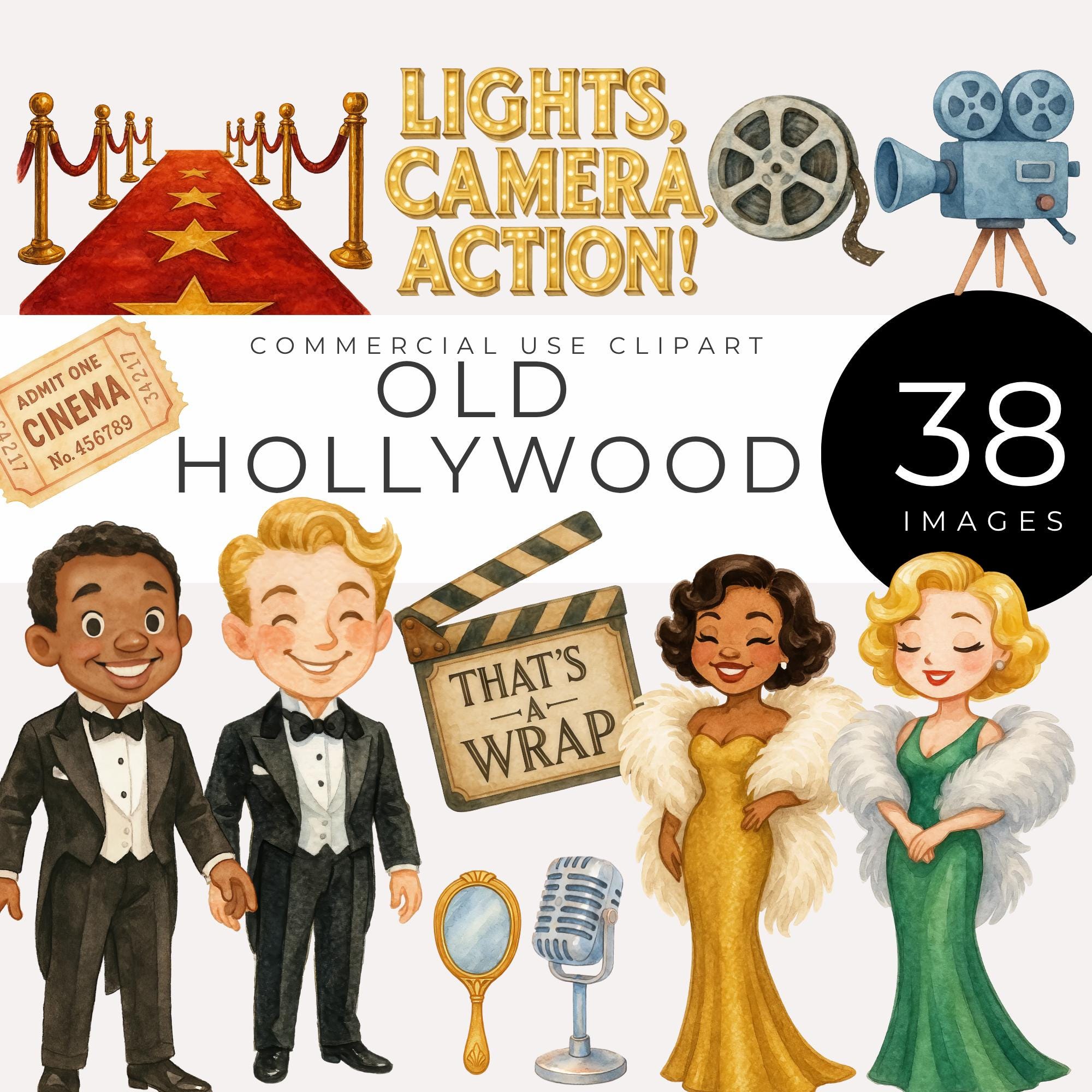 Old Hollywood Clipart, Instant Download, Glamorous Movie Stars, Red Carpet Props, Retro Cinema Signs & Film Night Decor for Party Invitation