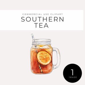 May include: Watercolor illustration of Southern Tea in a mason jar with a handle. The tea is amber-colored, with ice and a slice of orange. A striped straw is in the drink. The text "SOUTHERN TEA" is above the jar.