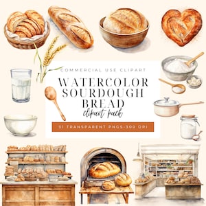 Aquarell Bäckerei Clipart, Aquarell Sauerteig Brot Clipart, Backen PNGs, Cottagecore, Bäcker Illustrationen, kommerzielle Nutzung