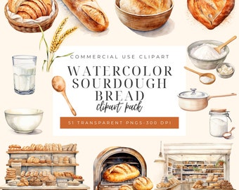 May include: Watercolor illustrations of sourdough bread, loaves, baguettes, and other baking ingredients.  The illustrations are in a rustic style and include a glass of milk, a wooden spoon, a bowl of flour, and a jar of sugar.  The text "COMMERCIAL USE CLIPART WATERCOLOR SOURDOUGH BREAD clipart pack 51 TRANSPARENT PNGS-300 DPI" is included in the image.