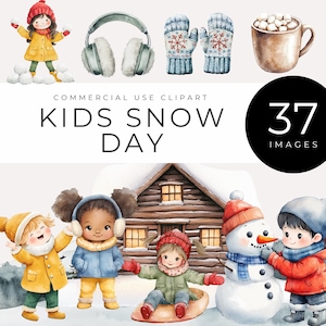 Imágenes prediseñadas de acuarela para niños en la nieve, descarga instantánea, imágenes divertidas de invierno, niños jugando en la nieve, trineos, muñecos de nieve, patinaje sobre hielo, decoración de guardería