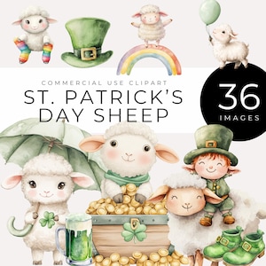Clipart di pecore per il giorno di San Patrizio, download immediato, agnelli acquerellati con trifogli, arcobaleni, pentola d'oro e folletti per la cameretta dei bambini, artigianato