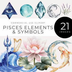 Pisces Elemente & Symbole Clipart, sofortiger Download, Aquarell Astrologie Bilder, Sternzeichen digitale Kunst für Scrapbooking, Journaling