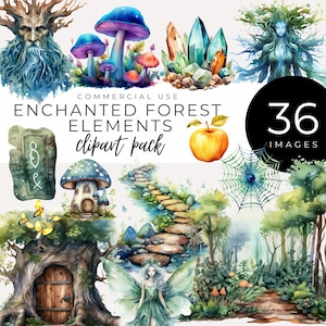 Clipart di foresta incantata ad acquerello DOWNLOAD IMMEDIATO Fate, alberi, sentieri, cristalli e altri elementi mistici per progetti fantasy