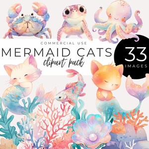 Clipart chat sirène TÉLÉCHARGEMENT IMMÉDIAT Félins pastel, châteaux sous-marins, créatures marines, récifs coralliens et coquillages pour une décoration de fête et de l'artisanat !