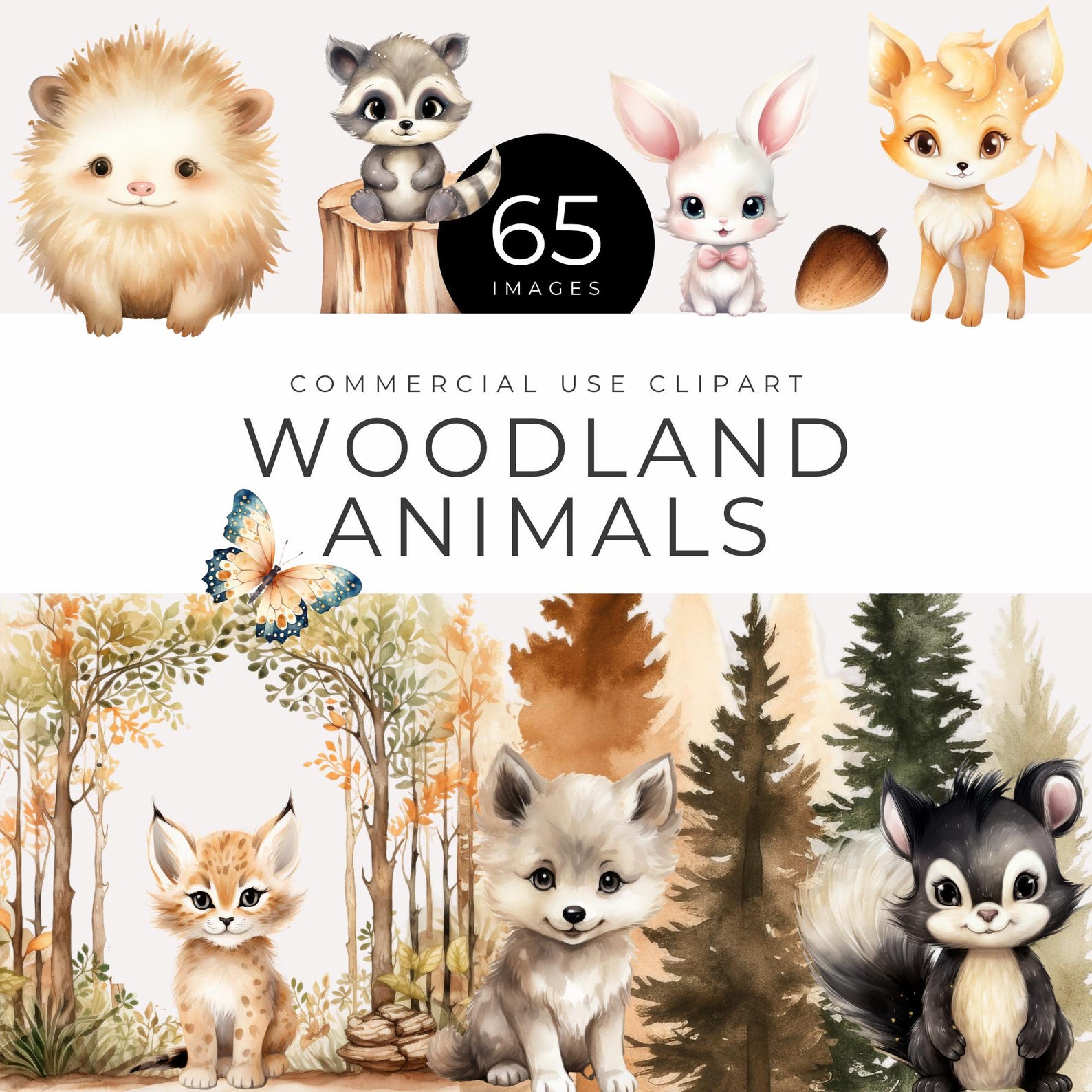 Woodland Animals Watercolor Clipart INSTANT DOWNLOAD Cute Forest ...